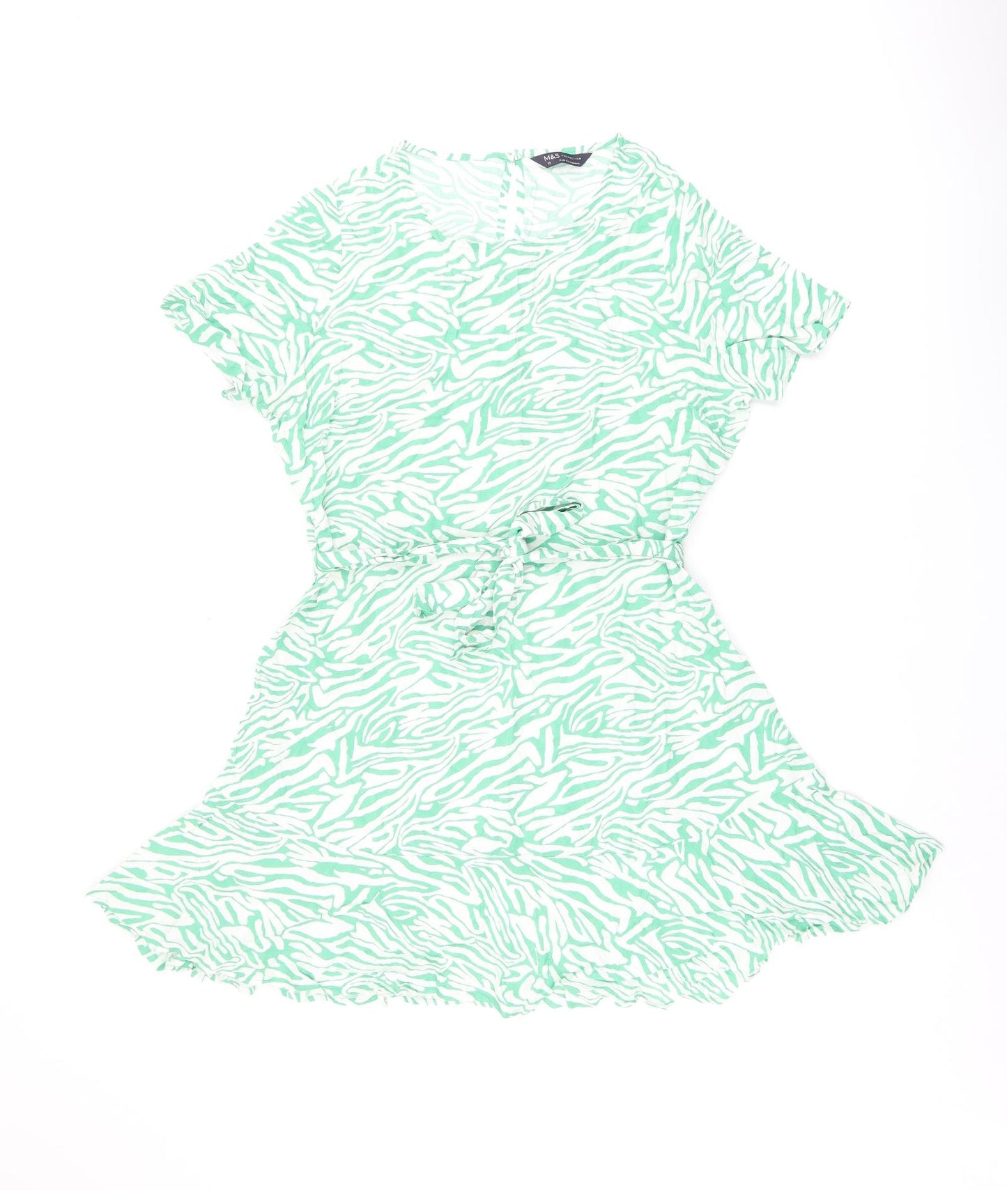 Marks and Spencer Womens Green Animal Print Viscose Skater Dress Size 12 Round Neck Button - Zebra Print, Belted