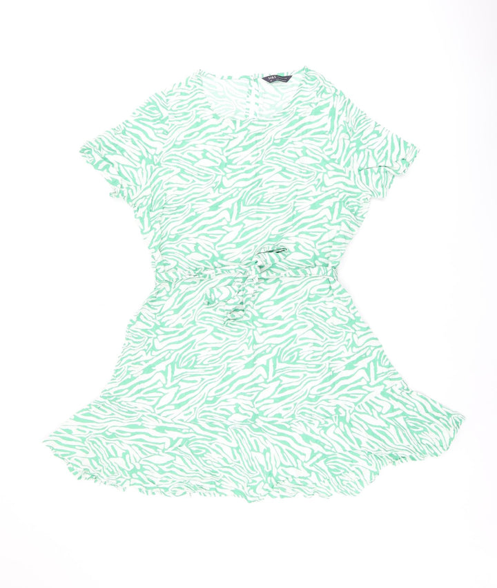 Marks and Spencer Womens Green Animal Print Viscose Skater Dress Size 12 Round Neck Button - Zebra Print, Belted