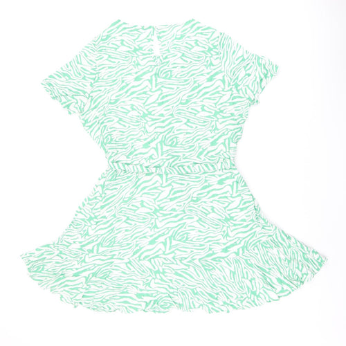 Marks and Spencer Womens Green Animal Print Viscose Skater Dress Size 12 Round Neck Button - Zebra Print, Belted