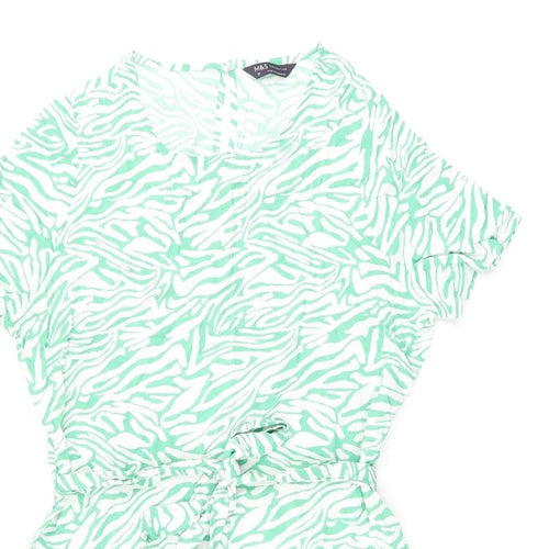 Marks and Spencer Womens Green Animal Print Viscose Skater Dress Size 12 Round Neck Button - Zebra Print, Belted