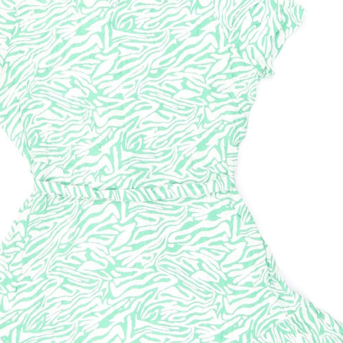 Marks and Spencer Womens Green Animal Print Viscose Skater Dress Size 12 Round Neck Button - Zebra Print, Belted