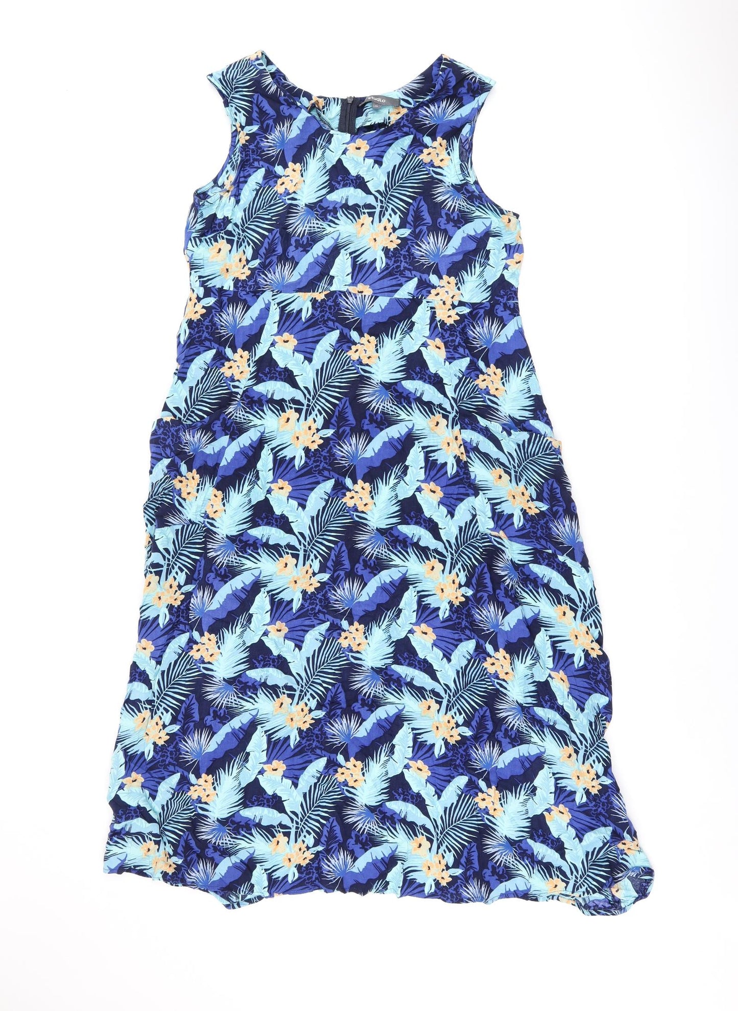 Studio Womens Blue Floral Viscose A-Line Size 12 Boat Neck Zip