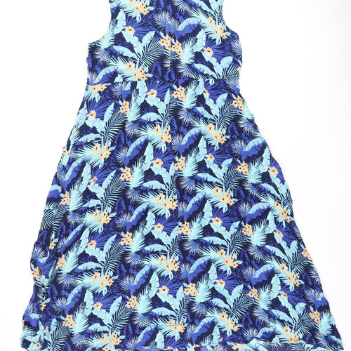 Studio Womens Blue Floral Viscose A-Line Size 12 Boat Neck Zip