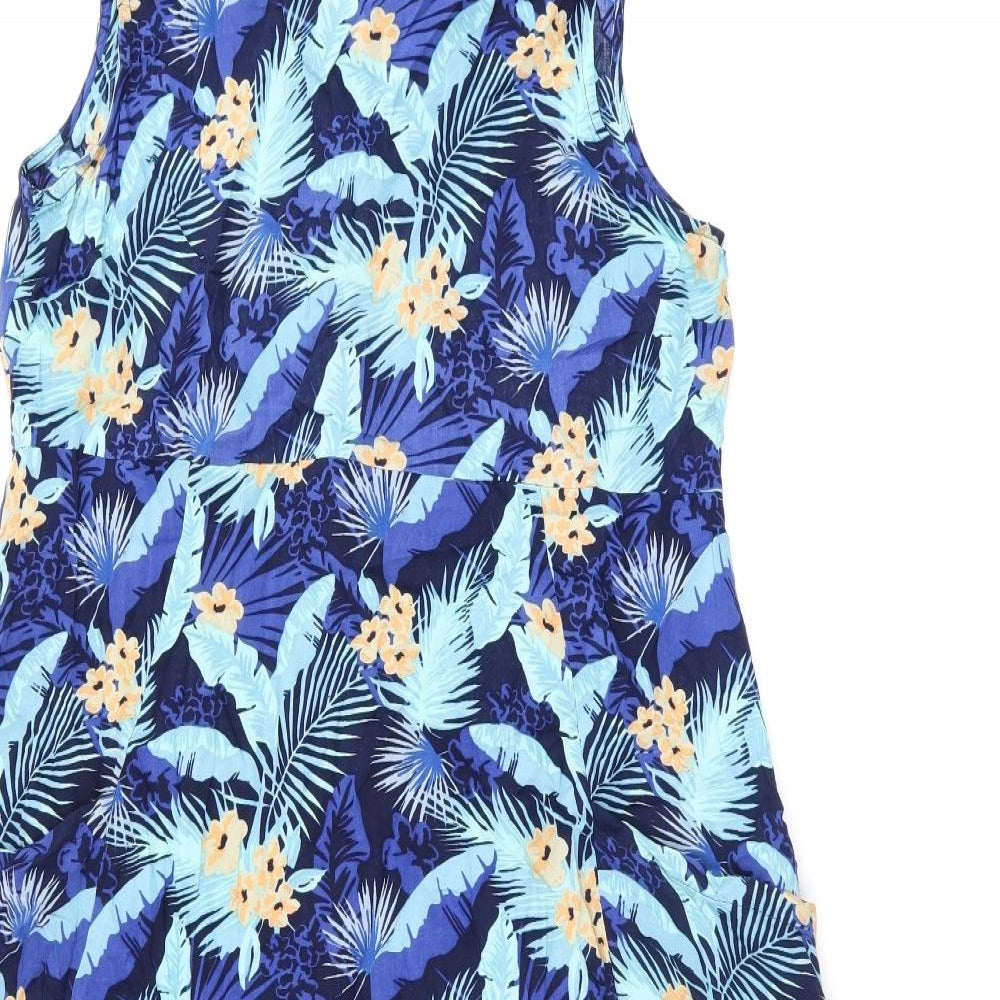 Studio Womens Blue Floral Viscose A-Line Size 12 Boat Neck Zip