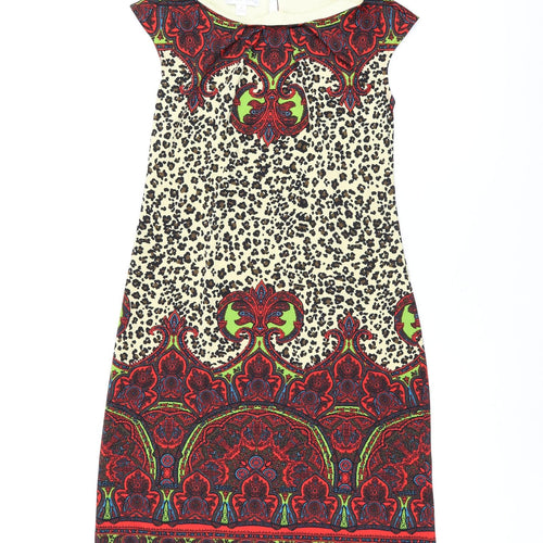 London Times Womens Multicoloured Animal Print Polyester Shift Size 4 Boat Neck Button - Leopard Print Paisley
