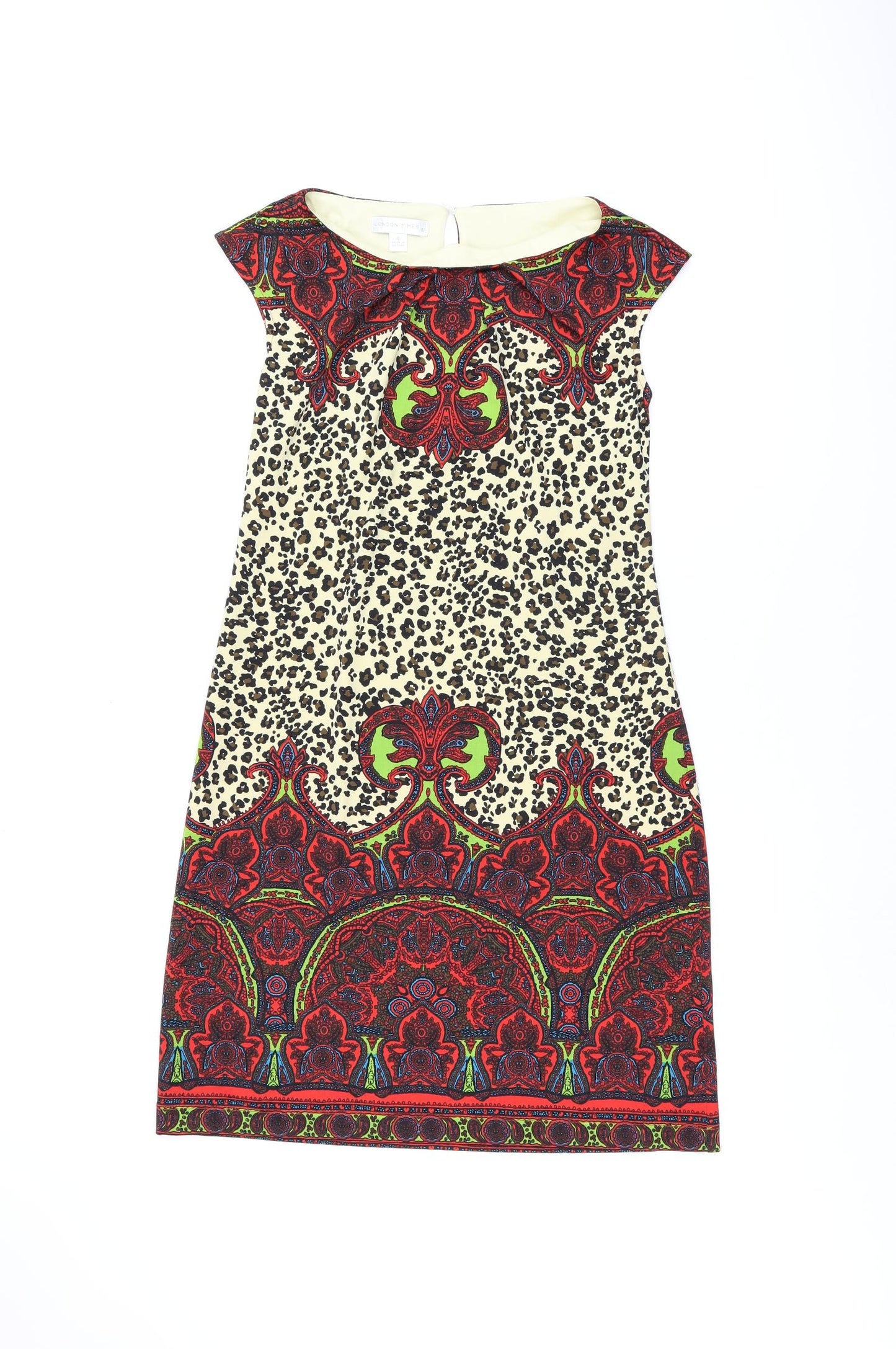 London Times Womens Multicoloured Animal Print Polyester Shift Size 4 Boat Neck Button - Leopard Print Paisley