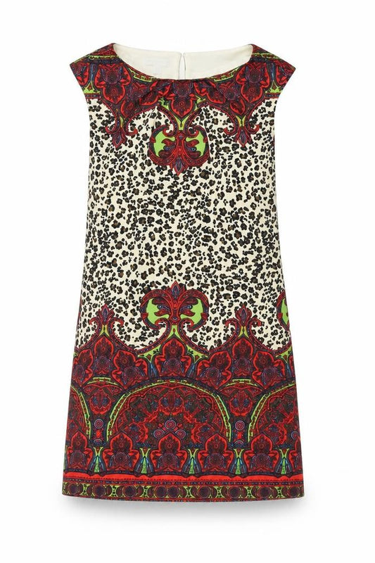 Front view of London Times women’s multicoloured animal print polyester shift, boat neck button - leopard print paisley