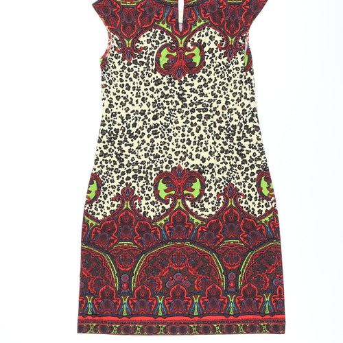 London Times Womens Multicoloured Animal Print Polyester Shift Size 4 Boat Neck Button - Leopard Print Paisley