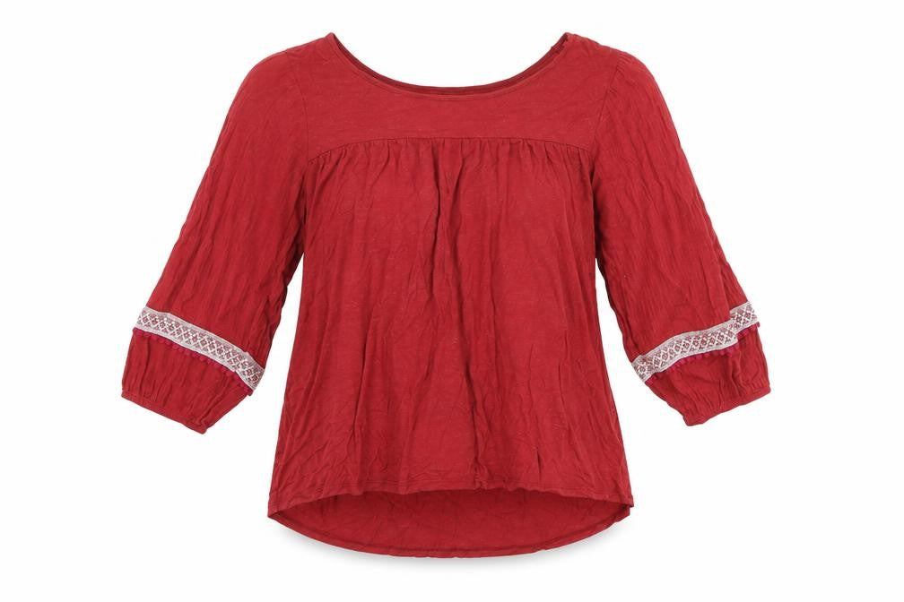 Front view of Clockhouse women’s red viscose basic blouse, size XS, boat neck