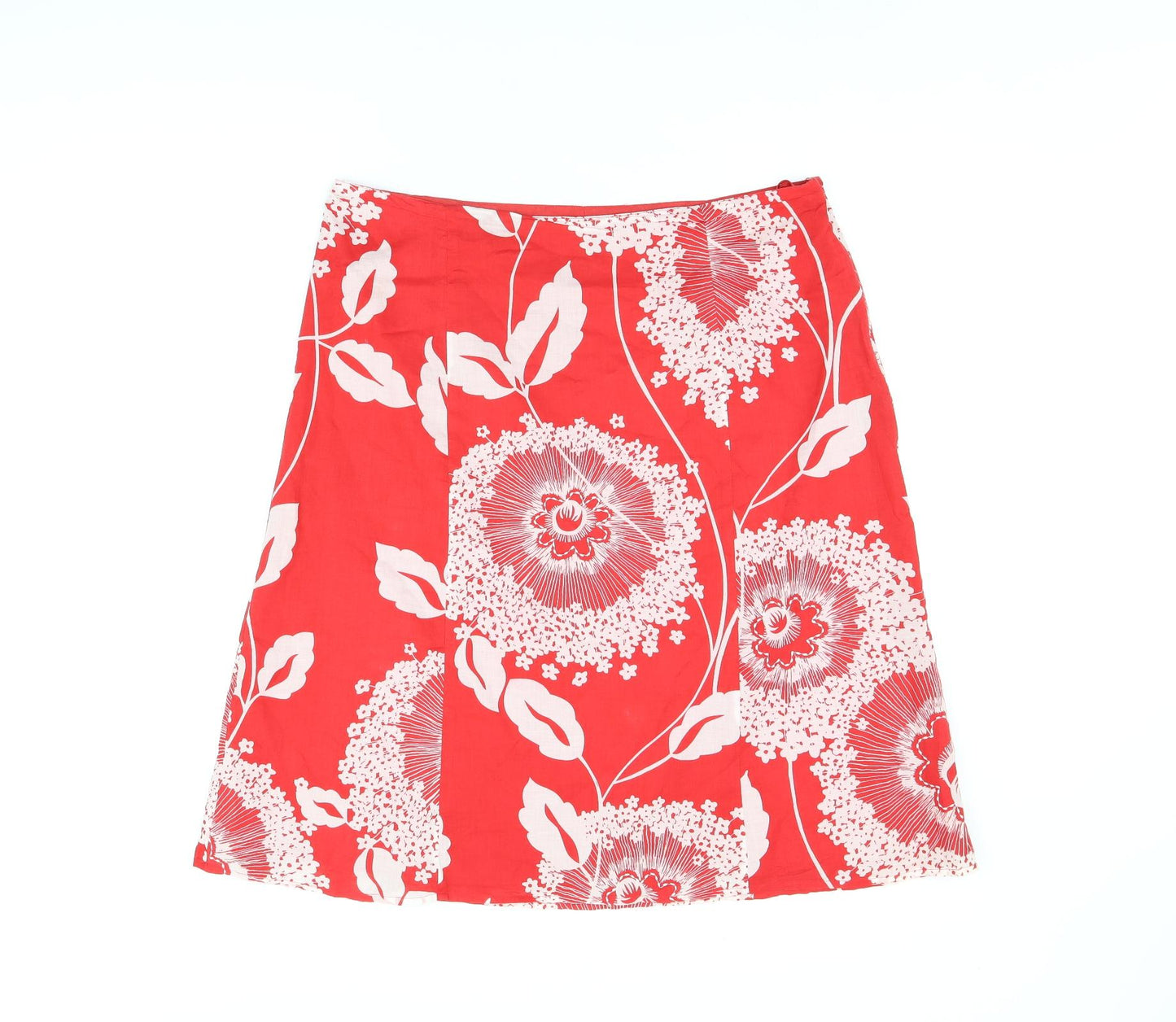 Monsoon Womens Red Floral Cotton A-Line Skirt Size 14 Zip