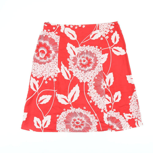 Monsoon Womens Red Floral Cotton A-Line Skirt Size 14 Zip