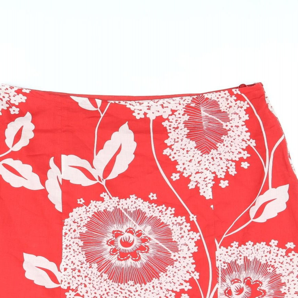 Monsoon Womens Red Floral Cotton A-Line Skirt Size 14 Zip