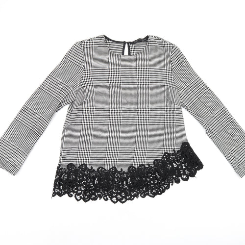 Zara Womens Grey Geometric Polyester Basic Blouse Size M Round Neck - Houndstooth Pattern Crochet Details