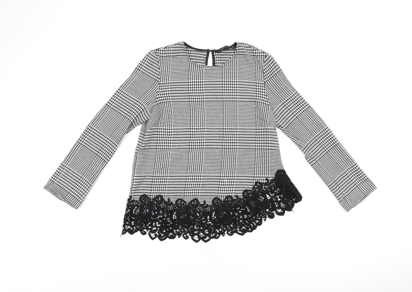 Zara Womens Grey Geometric Polyester Basic Blouse Size M Round Neck - Houndstooth Pattern Crochet Details