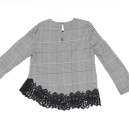 Zara Womens Grey Geometric Polyester Basic Blouse Size M Round Neck - Houndstooth Pattern Crochet Details