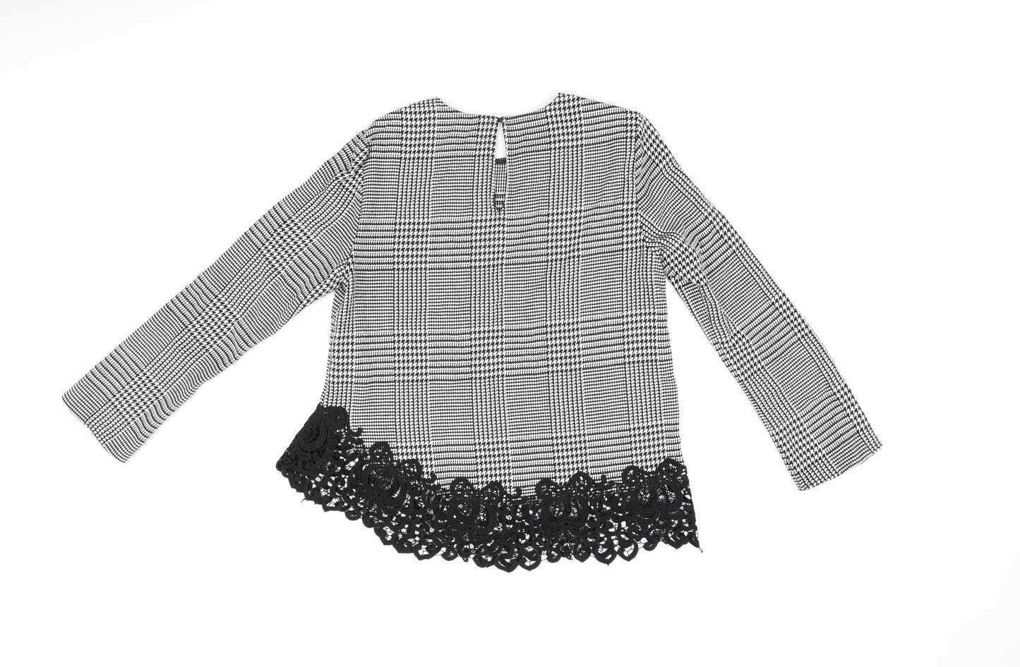 Zara Womens Grey Geometric Polyester Basic Blouse Size M Round Neck - Houndstooth Pattern Crochet Details