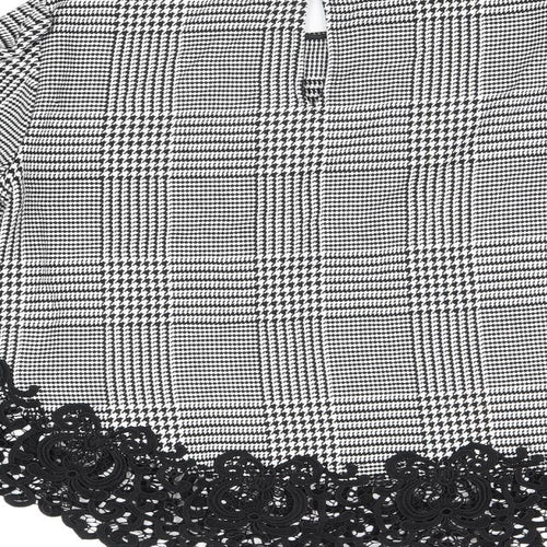Zara Womens Grey Geometric Polyester Basic Blouse Size M Round Neck - Houndstooth Pattern Crochet Details