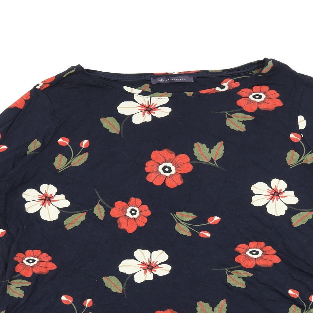 Marks and Spencer Womens Black Floral Viscose Basic Blouse Size 16 Boat Neck