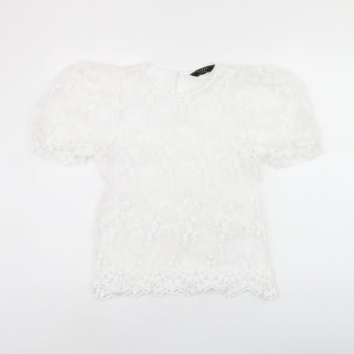 Lipsy Womens White Floral Polyester Basic Blouse Size 10 Round Neck - Sheer
