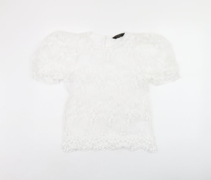 Lipsy Womens White Floral Polyester Basic Blouse Size 10 Round Neck - Sheer