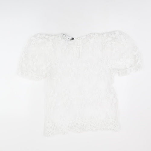Lipsy Womens White Floral Polyester Basic Blouse Size 10 Round Neck - Sheer