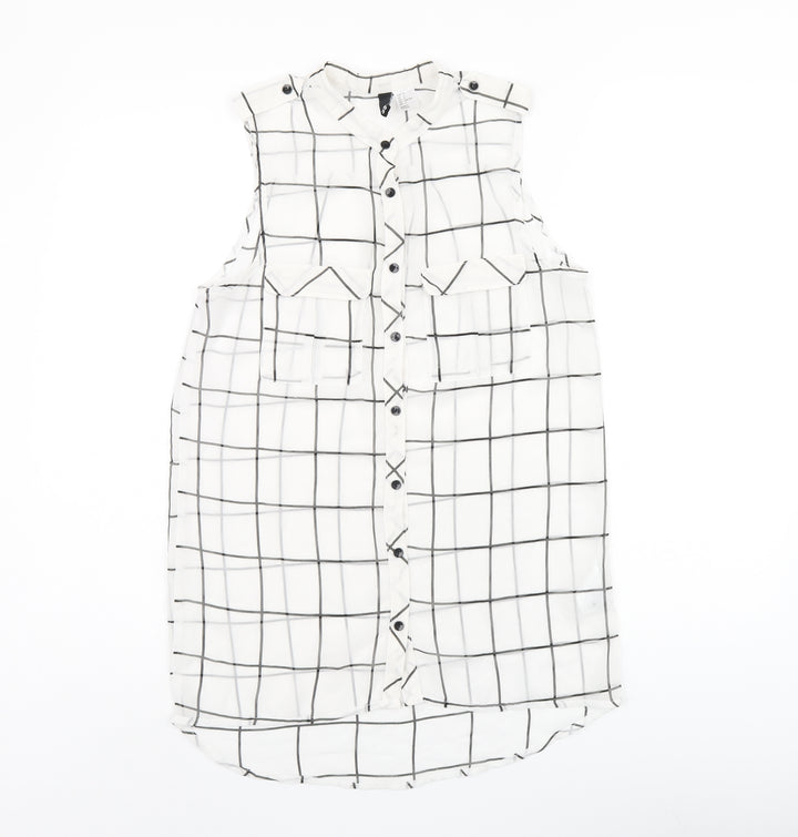 H&M Womens White Geometric Polyester Tunic Tank Size 4 Round Neck - Sheer