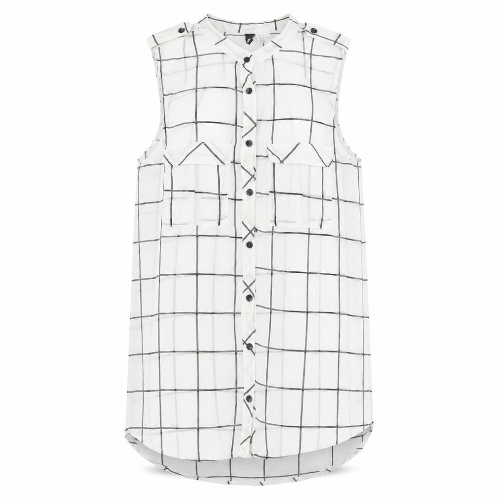 Front view of H&M women’s white geometric polyester tunic tank, size UK 4, round neck - sheer