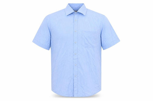 Front view of Jack Reid men’s blue polyester button-up, size 39, collared button