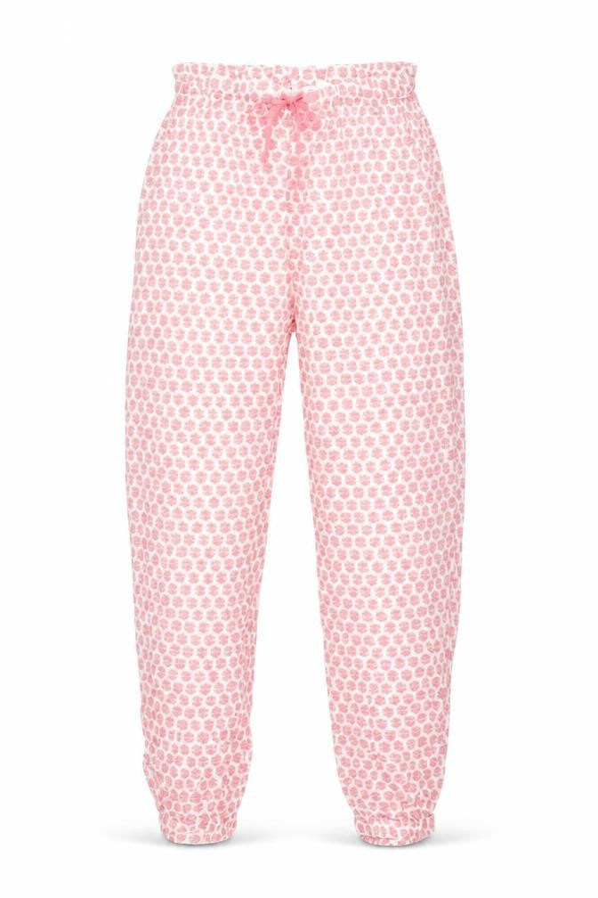 Front view of Zara women’s pink floral polyester bloomer trousers, size M, 24.5-inch leg regular drawstring