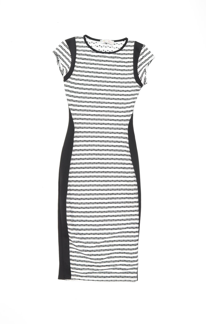 Cameo Rose Womens White Striped Polyester Bodycon Size 8 Round Neck Pullover