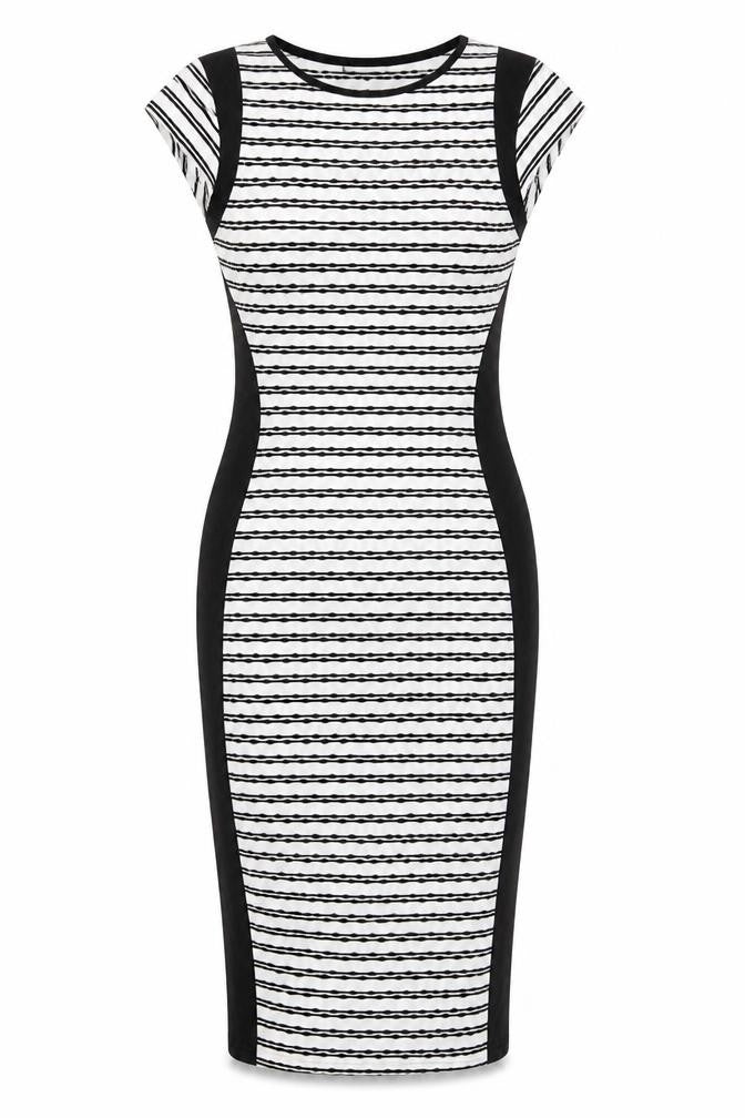 Front view of Cameo Rose women’s white striped polyester bodycon, size UK 8, round neck pullover