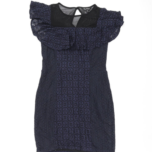 Miss Selfridge Womens Blue Floral Cotton Bodycon Size 10 Round Neck Zip - Frill Detail Broderie Anglaise