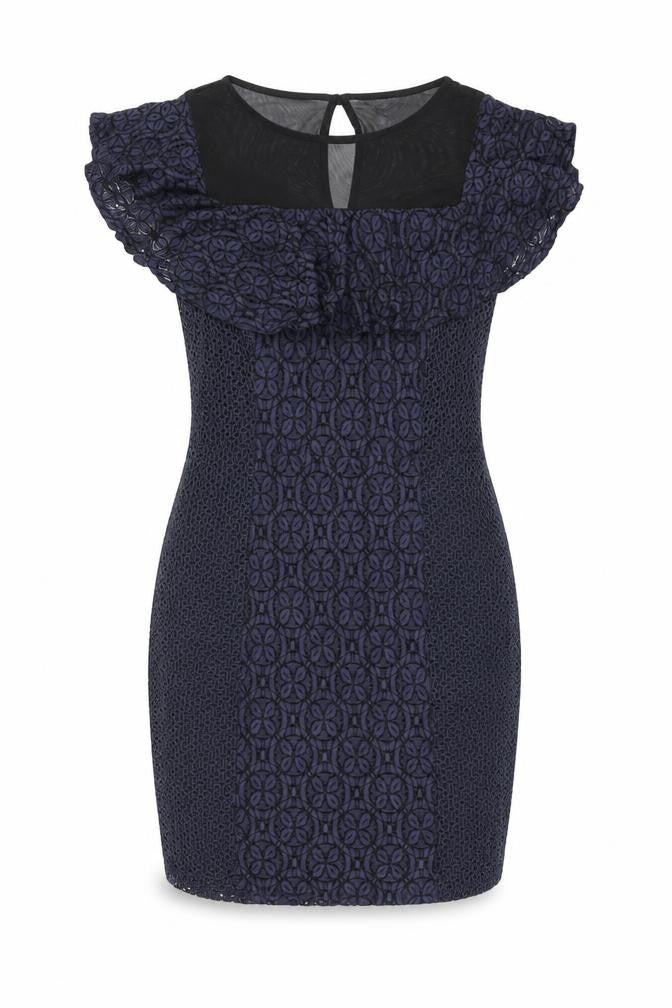 Miss Selfridge Womens Blue Floral Cotton Bodycon Size 10 Round Neck Zip - Frill Detail Broderie Anglaise