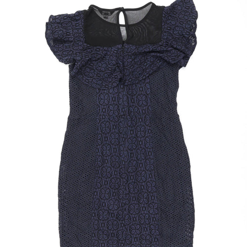 Miss Selfridge Womens Blue Floral Cotton Bodycon Size 10 Round Neck Zip - Frill Detail Broderie Anglaise
