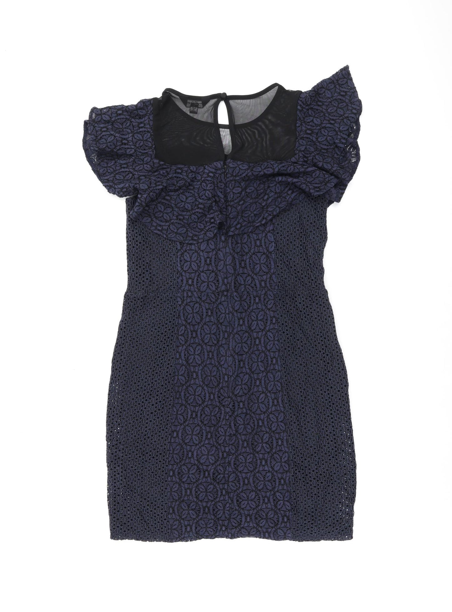 Miss Selfridge Womens Blue Floral Cotton Bodycon Size 10 Round Neck Zip - Frill Detail Broderie Anglaise