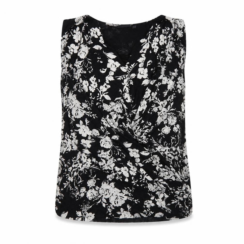 Front view of Next women’s black floral viscose basic tank, size UK 8, v-neck