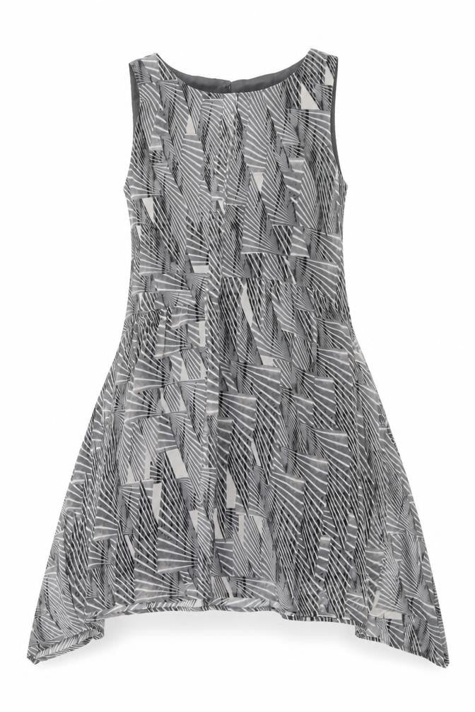Front view of Mint Velvet women’s grey geometric polyester a-line, size UK 10, boat neck button