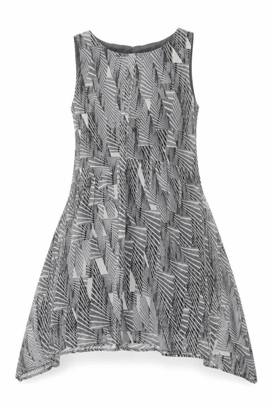 Front view of Mint Velvet women’s grey geometric polyester a-line, size UK 10, boat neck button