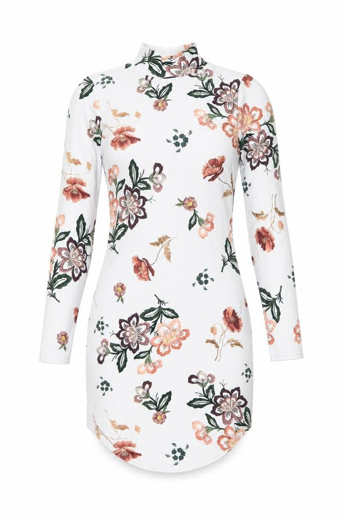 Front view of Daisy Street women’s grey floral polyester bodycon, size UK 6, high neck pullover