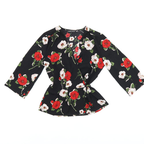 Cameo Rose Womens Black Floral Polyester Wrap Blouse Size 8 V-Neck