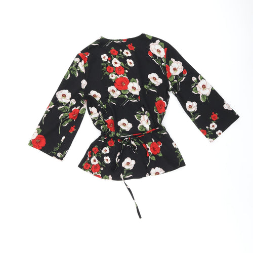 Cameo Rose Womens Black Floral Polyester Wrap Blouse Size 8 V-Neck