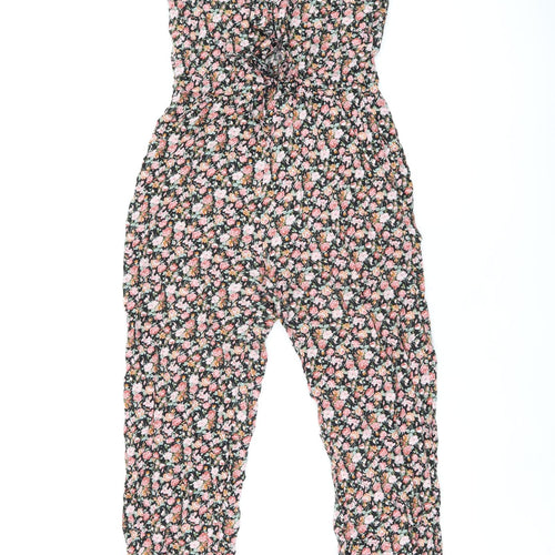New Look Womens Black Floral Viscose Jumpsuit One-Piece Size 12 L25 in Zip - Frill Detail