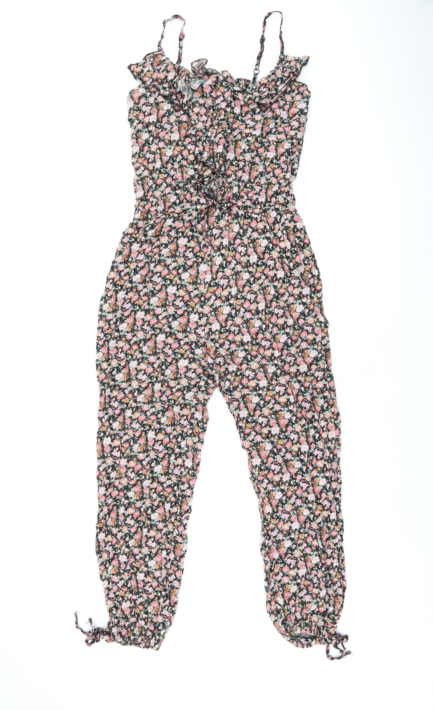 New Look Womens Black Floral Viscose Jumpsuit One-Piece Size 12 L25 in Zip - Frill Detail