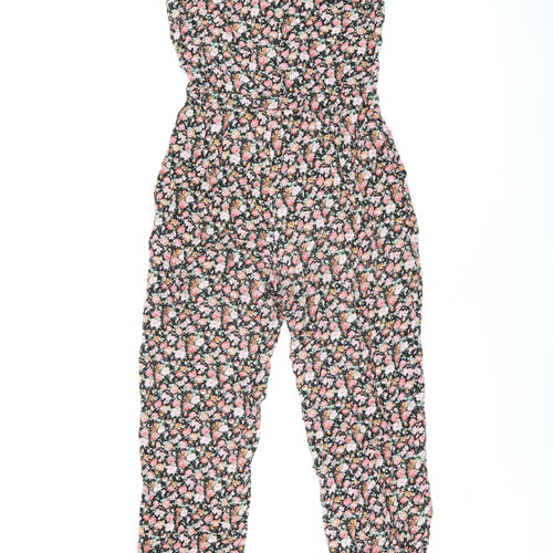 New Look Womens Black Floral Viscose Jumpsuit One-Piece Size 12 L25 in Zip - Frill Detail