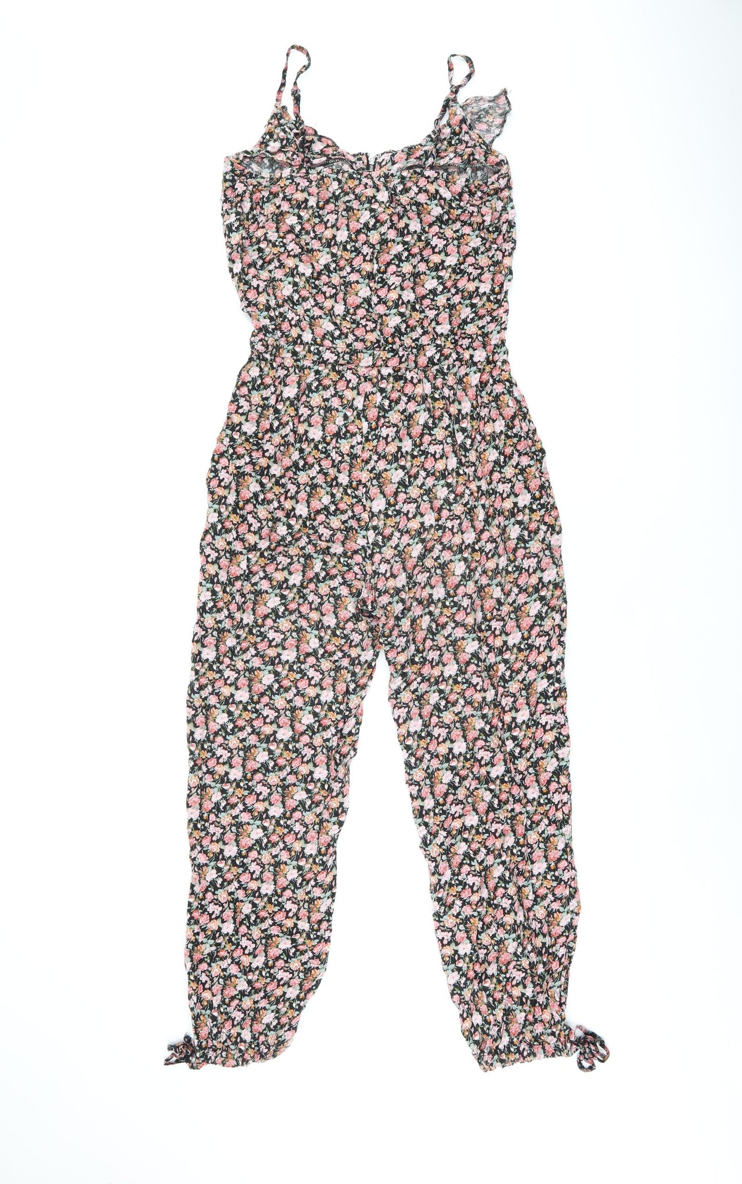 New Look Womens Black Floral Viscose Jumpsuit One-Piece Size 12 L25 in Zip - Frill Detail
