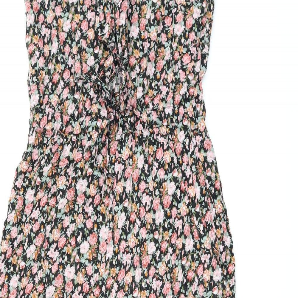 New Look Womens Black Floral Viscose Jumpsuit One-Piece Size 12 L25 in Zip - Frill Detail