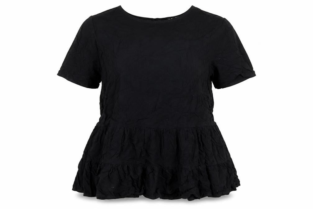 Front view of Select women’s black viscose basic blouse, size UK 12, round neck