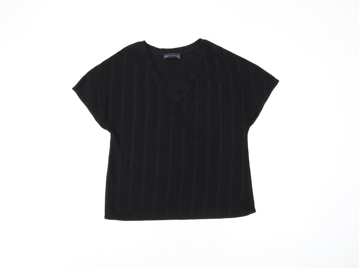 Marks and Spencer Womens Black Polyester Basic T-Shirt Size 8 V-Neck