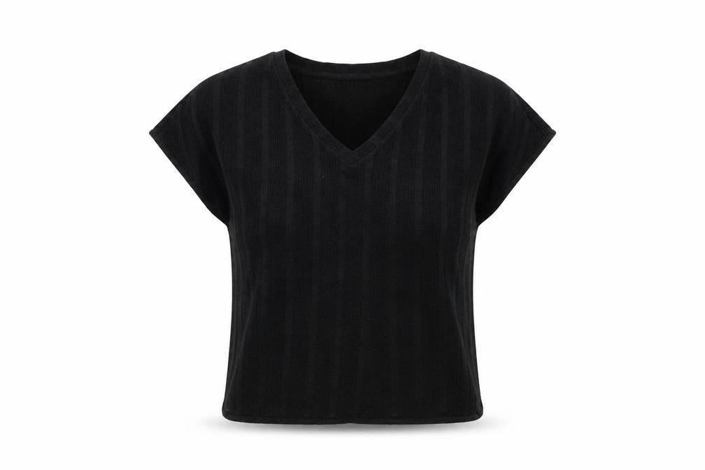 Front view of Marks & Spencer women’s black polyester basic t-shirt, size UK 8, v-neck