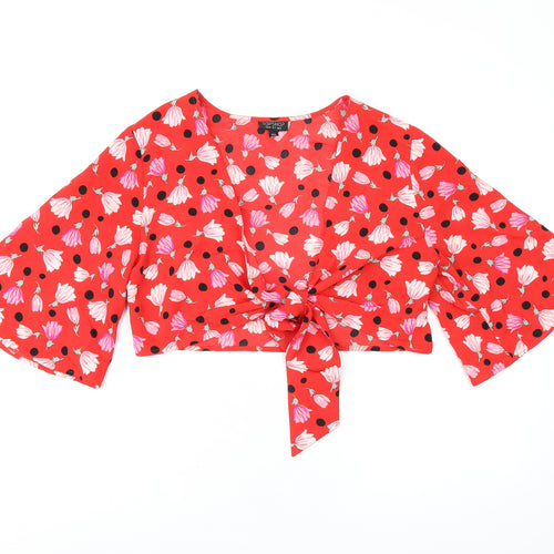 Topshop Womens Red Floral Polyester Cropped Blouse Size 12 V-Neck